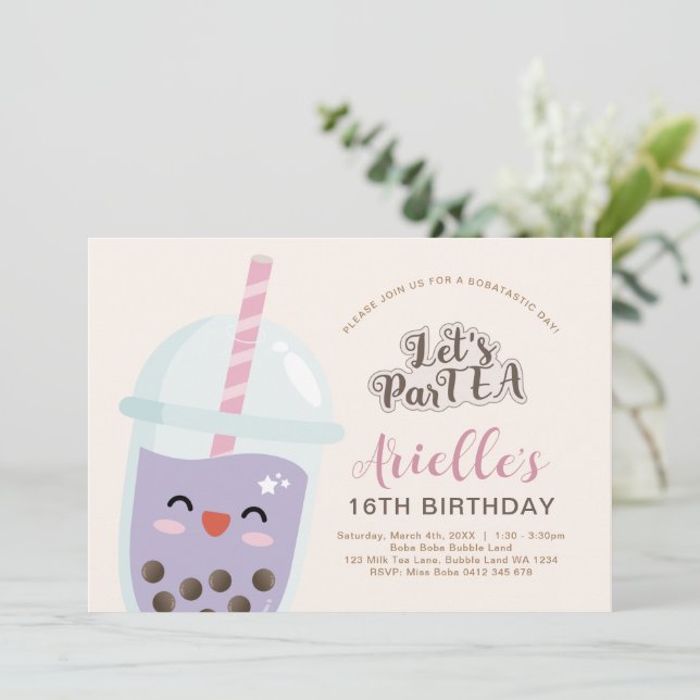 Cute Minimalist Boba Bubble Tea Birthday Invitation (Standing Front)