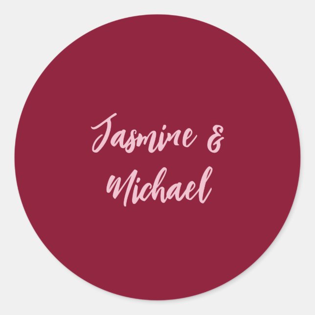 Cute Minimalist Burgundy Red Calligraphy Own Name Classic Round Sticker (Front)