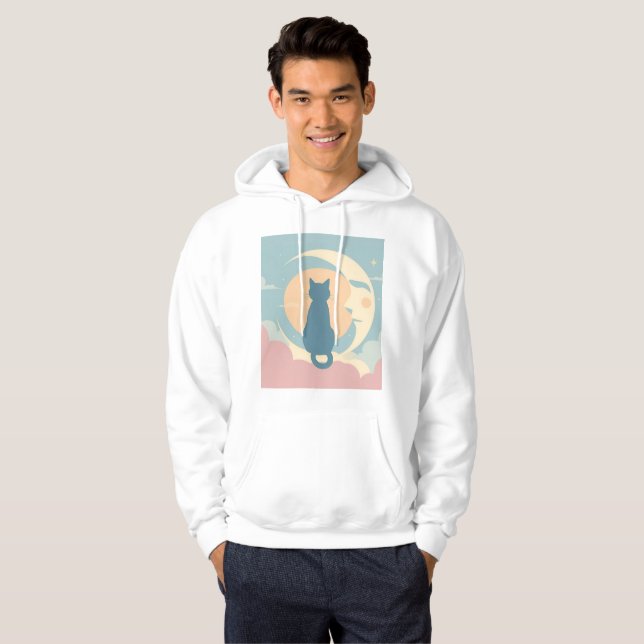 Cute Minimalist Cat on Crescent Moon Hoodie – Past (Front Full)