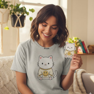 Cute Minimalist Cat with Retro Smiley Face T-Shirt