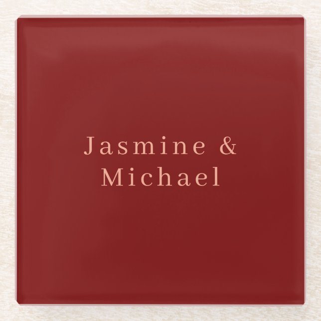 Cute Minimalist Deep Red & Peach Own Name Glass Coaster (Front)
