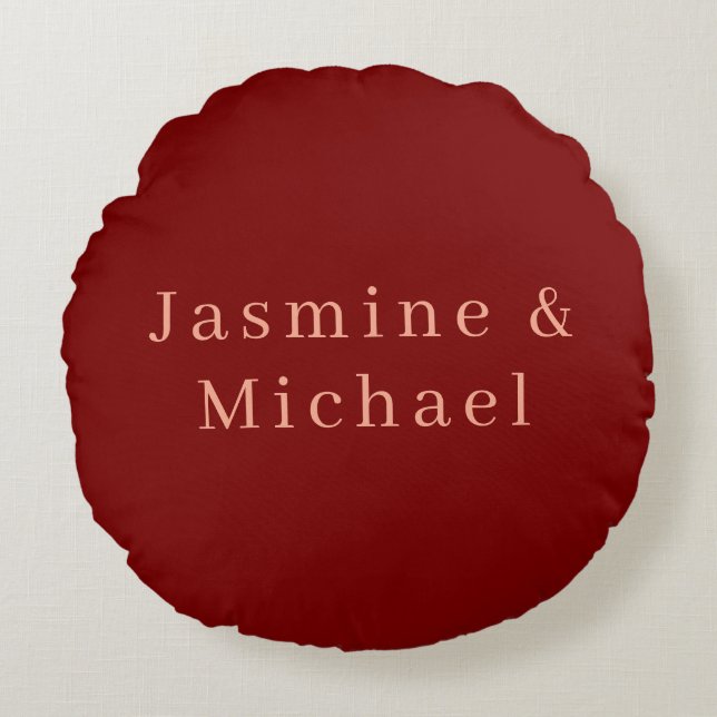 Cute Minimalist Deep Red & Peach Own Name Round Cushion (Front)