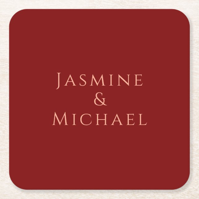 Cute Minimalist Deep Red & Peach Own Name Square Paper Coaster (Front)