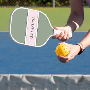 Cute Minimalist Green and Pink Modern Simple Name Pickleball Paddle