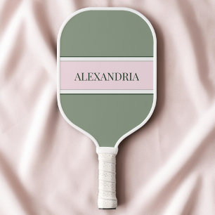 Cute Minimalist Green and Pink Modern Simple Name Pickleball Paddle