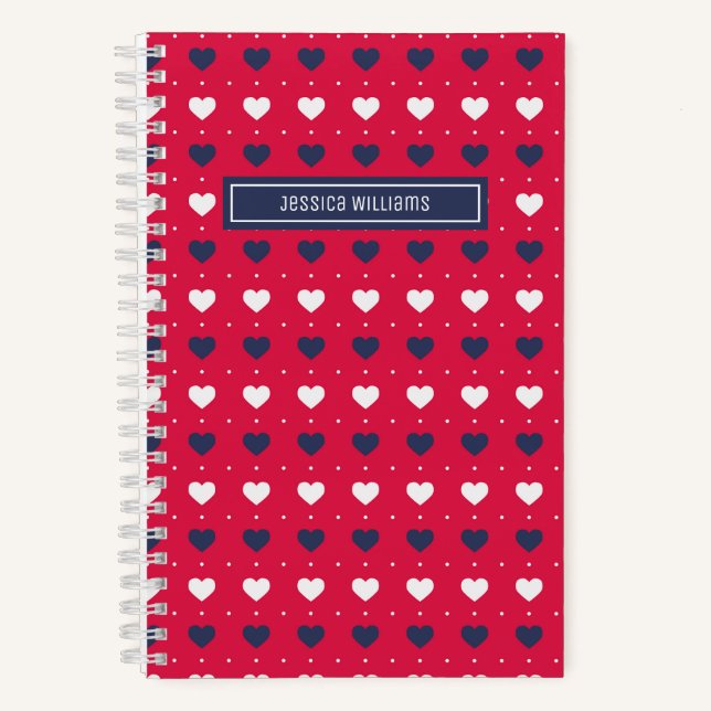 Cute Minimalist Heart Pattern Personalised Red Notebook (Front)