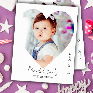 Cute Minimalist Heart Photo First Birthday Party Poster
