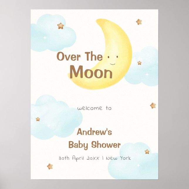 Cute Minimalist Over The Moon Baby Shower Welcome  Poster (Front)