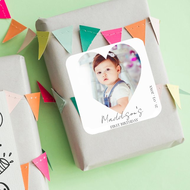Cute Minimalist Photo First Birthday Party Square Sticker (Cute Minimalist Photo First Birthday Party Square Sticker)