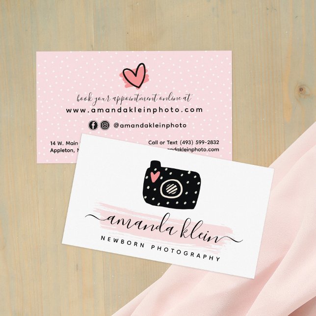 Cute Minimalist Photographer Camera Black & Pink Business Card (Creator Uploaded)