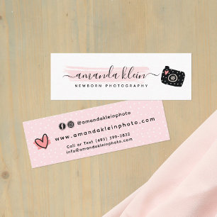 Cute Minimalist Photographer Camera Black & Pink Mini Business Card
