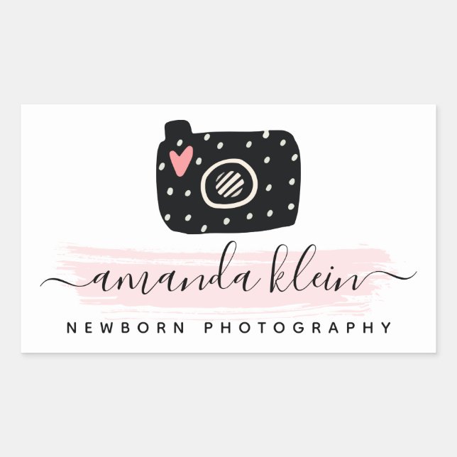 Cute Minimalist Photographer Camera Black & Pink Rectangular Sticker (Front)