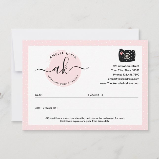 Cute Minimalist Photographer Gift Certificate Card (Back)