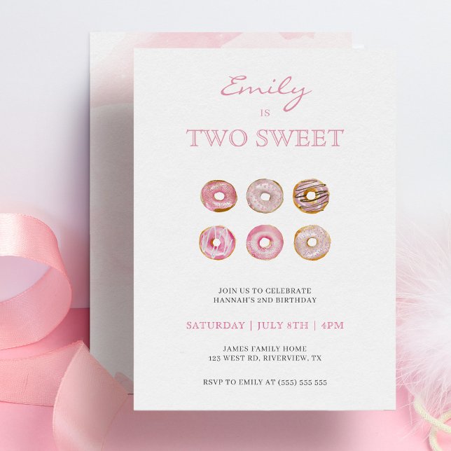 Cute Minimalist Pink Doughnuts 2nd Birthday Invitation (Creator Uploaded)