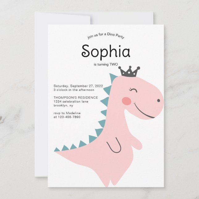 Cute Minimalist Pink Girl Dinosaur Birthday Party Invitation (Front)
