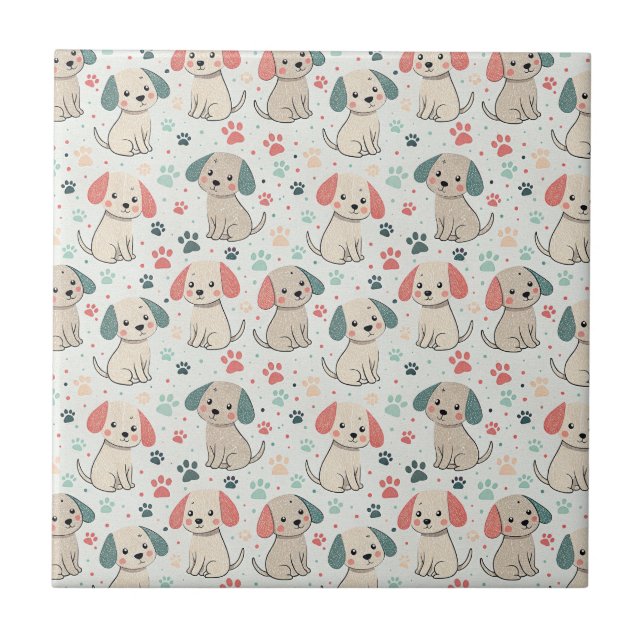 Cute Minimalist Puppy and Paw Print Design Pattern Tile (Front)