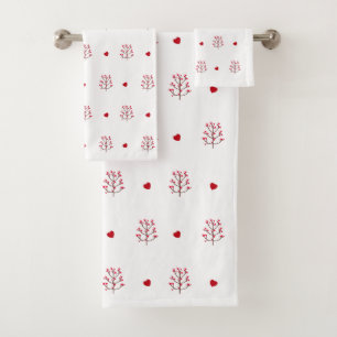 Cute Minimalist Red And White Love Heart Tree Bath Towel Set