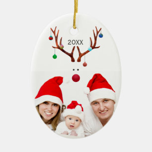 Cute Minimalist Reindeer Christmas Photo Ceramic Tree Decoration