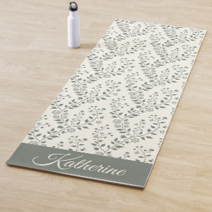 Cute Minimalist Sage Cream Floral Script Name Yoga Mat