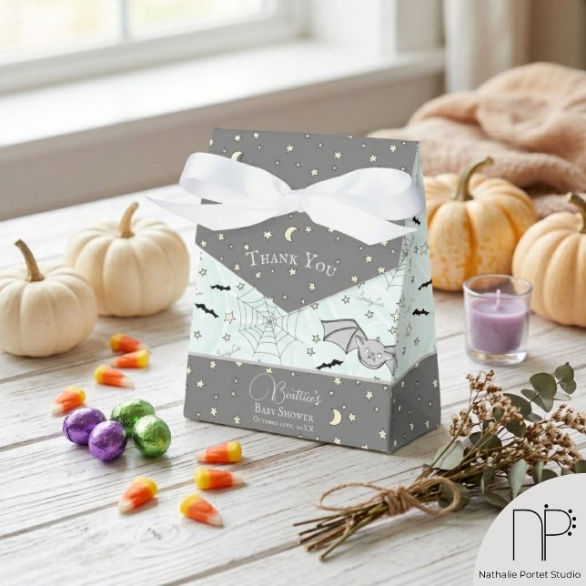 Cute Mint Baby Bat Halloween Favour Boxes (Hand drawn cute baby bat Halloween favor boxes with a whimsical autumn theme)