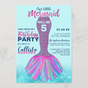Cute Mint Blue Pink Mermaid Tail Glitter Birthday Invitation