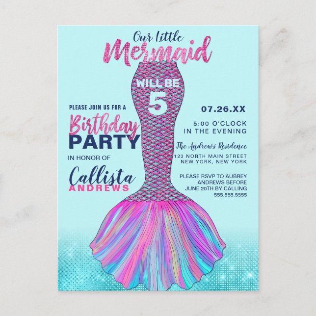 Cute Mint Blue Pink Mermaid Tail Glitter Birthday Invitation Postcard (Front)