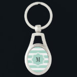 Cute Mint Blue stripe pattern Key Ring<br><div class="desc">Classic mint blue horizontal stripe pattern. Customise with your initial for a custom design.</div>