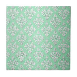 Cute Mint Green and White Floral Damask Pattern Tile