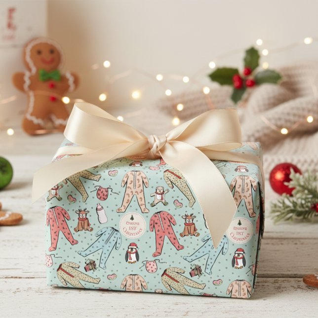 Cute Mint Green Baby's First Christmas Custom Wrapping Paper (Cute 1st Christmas Kids Wrapping Paper. Baby Pj's & Winter Animals First Xmas Illustration Pattern)