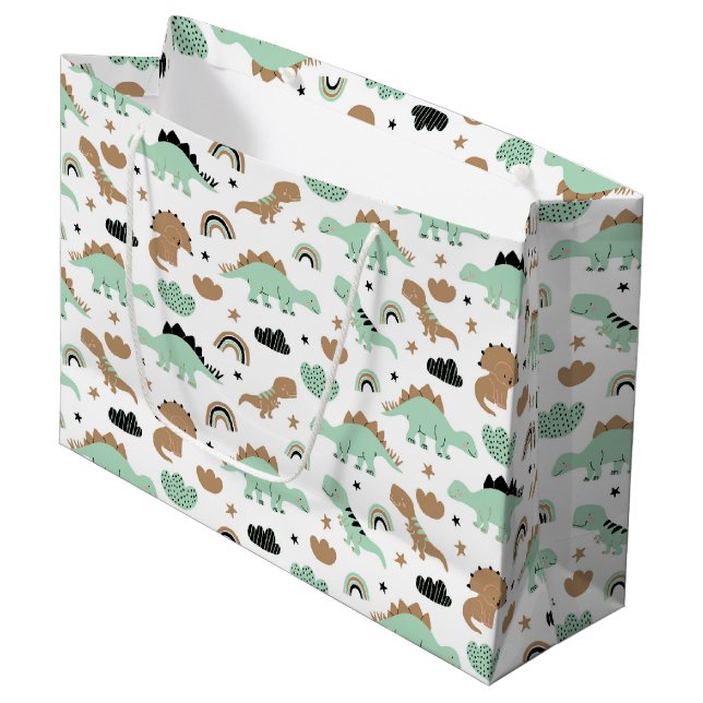 Cute Mint Green Dinosaur Pattern Large Gift Bag (Front Angled)