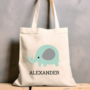 Cute Mint Green Elephant Kids' Personalised Tote Bag