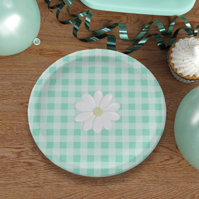 Cute Mint Green Gingham Check Daisy Paper Plates (Perfect paper plates for picnics in the park or birthday celebrations)