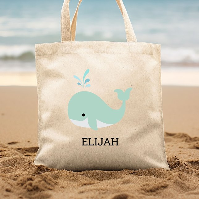 Cute Mint Green Whale Kids' Personalised Tote Bag (Creator Uploaded)