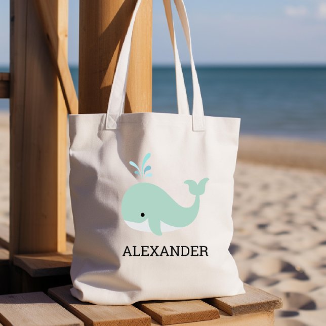 Cute Mint Green Whale Kids' Personalized Tote Bag (Creator Uploaded)