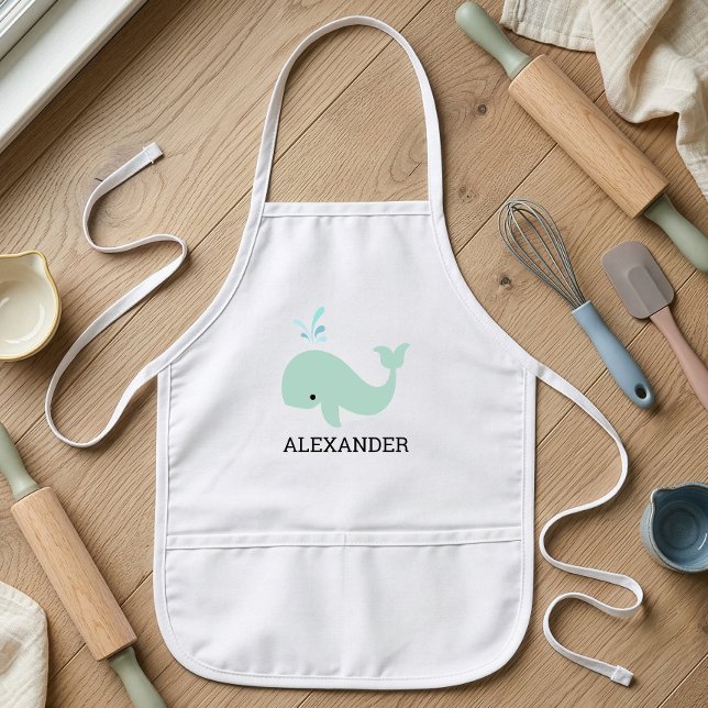 Cute Mint Green Whale Personalised Kids Apron (Creator Uploaded)