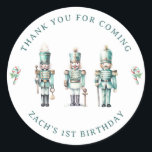 Cute Mint Nutcracker 1st Birthday Thank You  Classic Round Sticker<br><div class="desc">Cute Watercolor Mint Nutcracker Thank You Stickers. Design features 3 cute little nutcrackers and a thank you template that is easy to customise.</div>