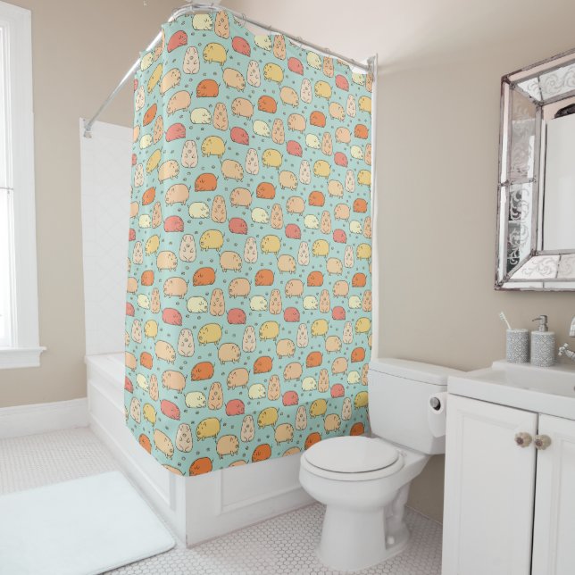 Cute Mint Pig Pattern Shower Curtain (In Situ)
