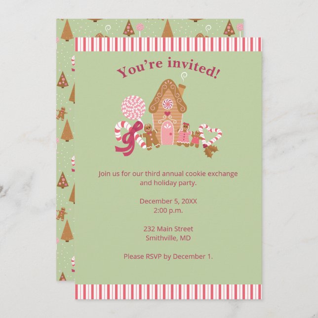 Cute Mint Pink Gingerbread Candy Cane Invitation (Front/Back)