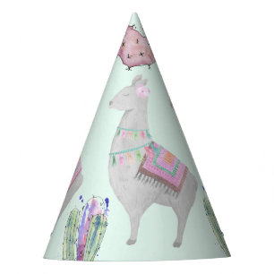Cute Mint Pink Llama and Cactus Watercolor Pattern Party Hat