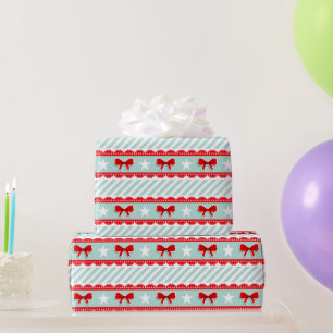 Cute Mint Red Bows Stars Striped Christmas Pattern Wrapping Paper
