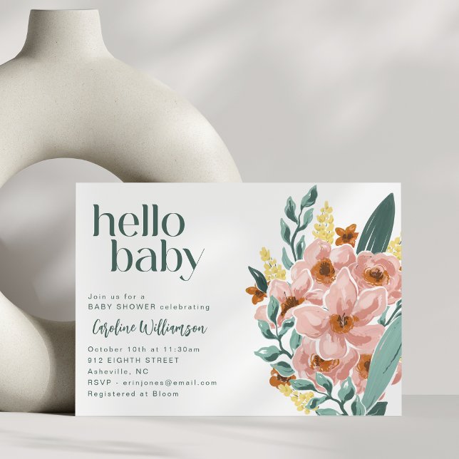 Cute Mint Sage Pink Floral Hello Baby Shower Invitation (Creator Uploaded)