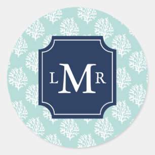 Cute Mint Summer Pattern and Blue Monogram Classic Round Sticker