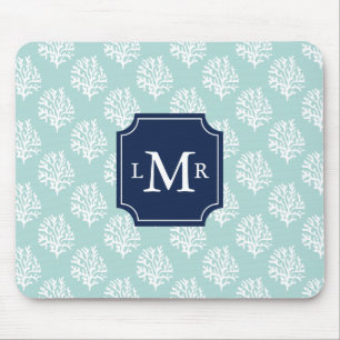 Cute Mint Summer Pattern and Blue Monogram Mouse Pad
