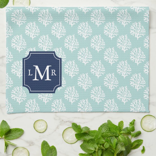 Cute Mint Summer Pattern and Blue Monogram Tea Towel (Folded)
