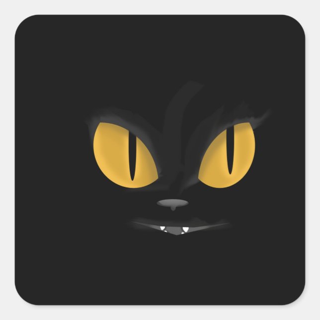 Cute Mischievous Black Cat with Fangs Square Sticker (Front)