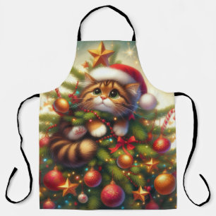 Cute, mischievous cat in the Christmas tree Apron