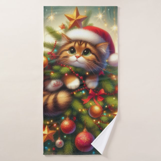 Cute, mischievous cat in the Christmas tree Bath Towel (Bath Towel)
