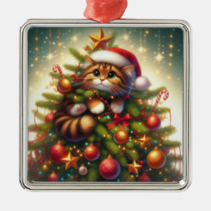 Cute, mischievous cat in the Christmas tree Metal Tree Decoration