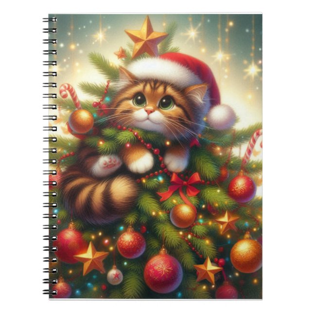 Cute, mischievous cat in the Christmas tree Notebook (Front)