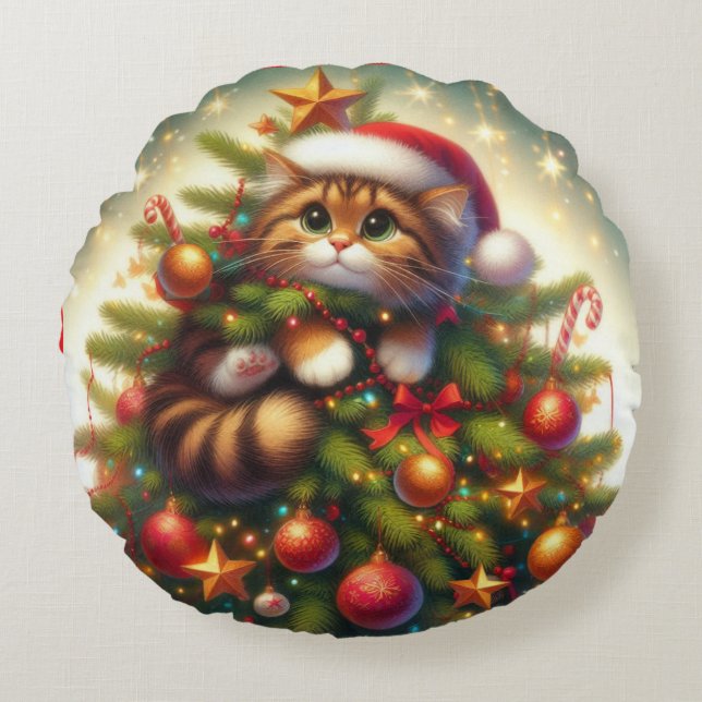 Cute, mischievous cat in the Christmas tree Round Cushion (Front)